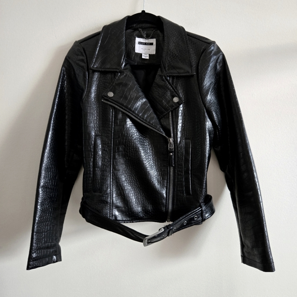NOISY MAY I S Faux Leather Croc Effect Biker Moto Jacket I Black